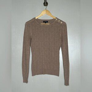 GUESS Tan Logo Knit Sweater Gold Button Shoulder Lightweight Fitted Size M